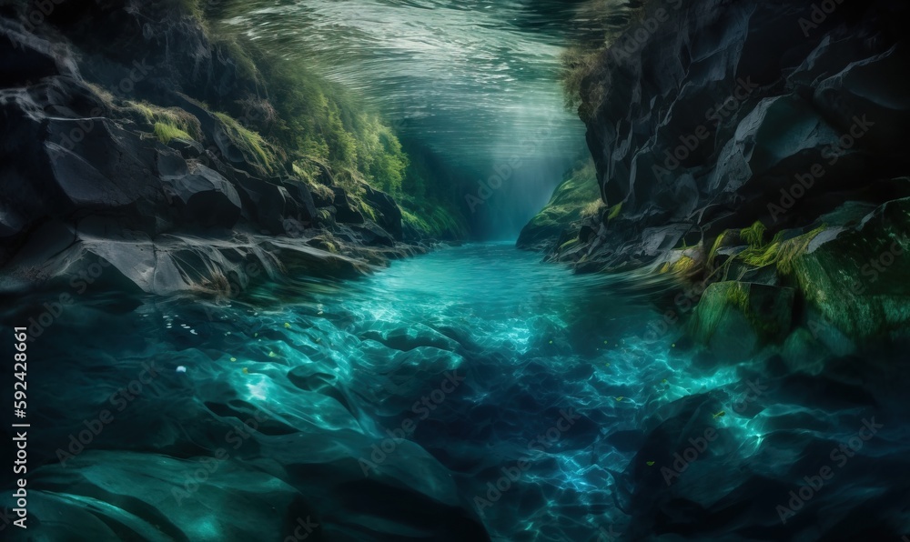 an underwater view of a river in a cave with a bright blue pool of ...