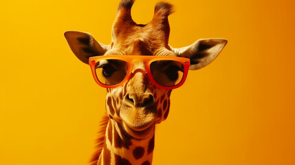 Wall Mural - giraffe with sunglasses on yellow background generative AI