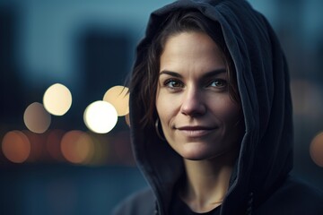 Portrait of a young woman in a hood on a city background