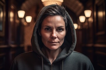 Portrait of a woman in a sweatshirt with a hood.