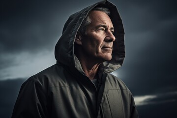 Wall Mural - Medium shot portrait photography of a pleased man in his 50s wearing a stylish hoodie against a dramatic stormy sky background. Generative AI