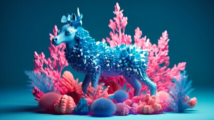 A toy piece of art with an abstract pattern of coral and plants , light purple and blue