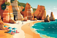 poster-style artwork Praia do Camilo beach in Portugal in vibrant poster style artwork utilizing a limited color palette and bold graphic shapes