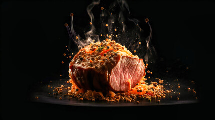 Steak exploding in air on black background