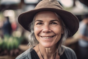 Poster - Close-up portrait photography of a grinning woman in her 50s wearing a cool cap or hat against a farm market or harvest background. Generative AI