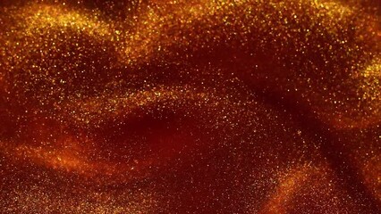 Wall Mural - Slow Motion Of Gold Particles in Red Fluid. Gold dust particles floating and dispersing in red fluid. Beautiful shiny moving background.