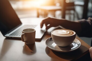 app developer engaged in coding with a laptop and coffee cup, during the early morning with natural 