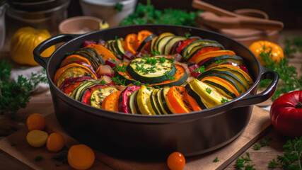 Sticker - bowl with ratatouille, healthy food with vegetables generative ai