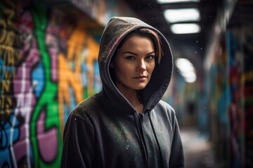 Wall Mural - Lifestyle portrait photography of a pleased woman in her 20s wearing a stylish hoodie against a graffiti tunnel or underpass background. Generative AI