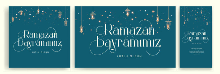 Holy Month of Muslim Community Ramadan Kareem, Feast of the Sacrifice greeting card, social media template, poster.(Turkish translation: Ramazan Bayramınız kutlu olsun. Kurban Bayramınız kutlu olsun.)