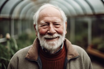 Wall Mural - Portrait of a smiling senior man in a greenhouse looking at camera