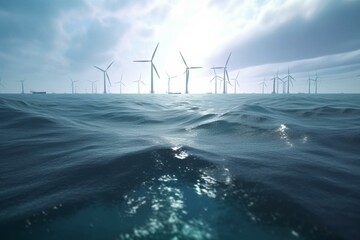 8k ultra hd. offshore wind turbines farm on the ocean. sustainable energy production, clean power. 3