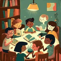 In this pictureI can see a group of parents sitting together all of them wearing smiles and actively participating in a book club There are some books and notebooks placed around themand everyone 