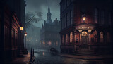 Fototapeta Londyn - Victorian London on a moody evening with gas lights. Al generated