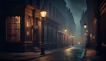 Victorian London On A Moody Evening With Gas Lights. Al Generated