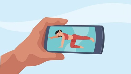 Canvas Print - woman practicing yoga in smartphone animation