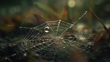 Spider Web With Dew Drops In The Morning, Shallow Depth Of Field.generative Ai