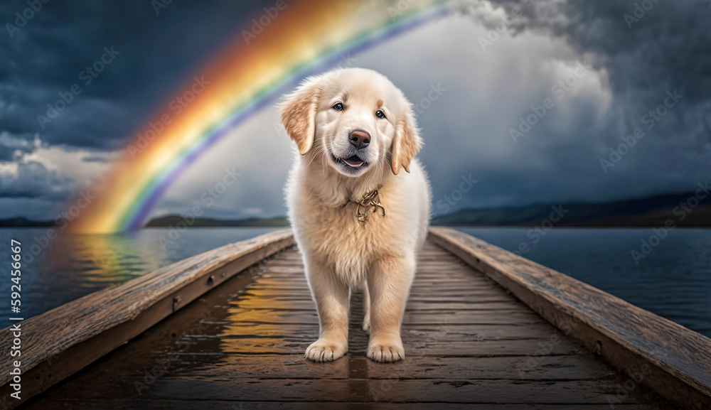 Puppy Crossing Over the Rainbow Bridge in Heaven - Ai Generative Stock