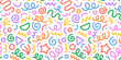 © Dedraw Studio - Fun colorful line doodle seamless pattern. Creative minimalist style art background for children or trendy design with basic shapes. Simple party confetti texture, childish scribble shape backdrop.