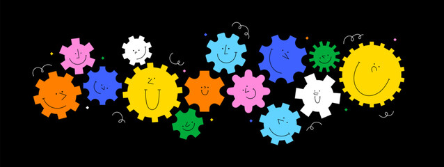 Wall Mural - diverse colorful cog wheel character illustration set. multi color rainbow cartoon machine gear coll