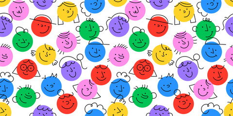 Wall Mural - diverse colorful people face seamless pattern. modern young character group background. different mu