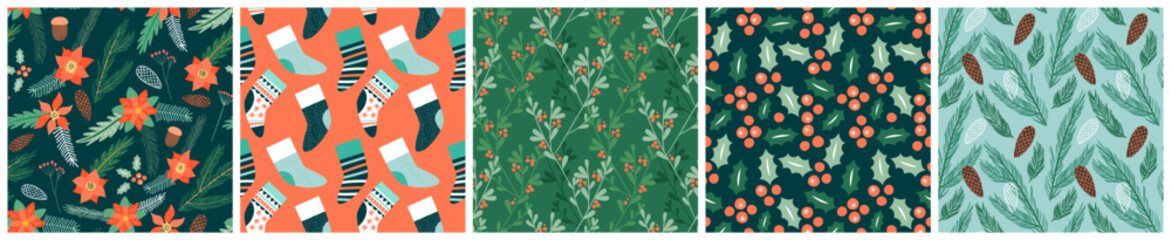 Christmas seamless pattern set, traditional holiday decoration background collection in flat cartoon style. Vintage winter ornaments and floral wallpaper bundle for xmas event.