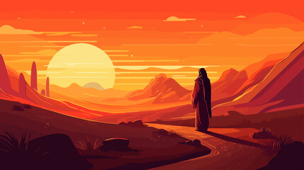 Wall Mural - Christ in the desert sunset golden hour colorful illustration. An illustration of depiction of the temptation of Satan to Jesus Christ