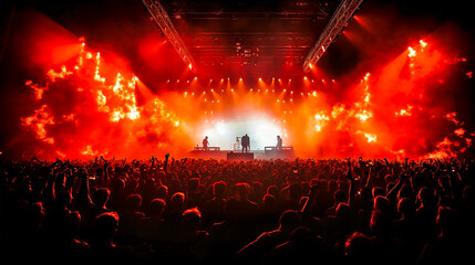 Silhouettes of Rock concert crowd in front of bright stage lights, Fire, explosions, smoke and pyrotechnics. Digital album art illustration, AI generated.