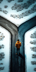 man stands at a fork in the road making a decision about life way, created with generative ai techno