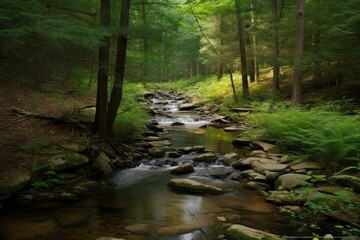 Canvas Print - Gentle trickling of a nearby stream adds to the peaceful ambiance of the forest. Generative AI