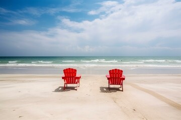 two red chairs banner front the sea with white sand for vacation promotion. Generative AI