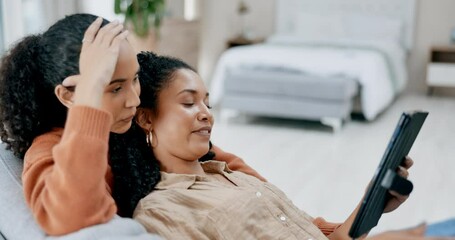 Poster - Lesbian, couple and women relax on couch with tablet, happy with online streaming service and watching a video or movie. Comfort, bonding and lgbt people spending time together at home on technology