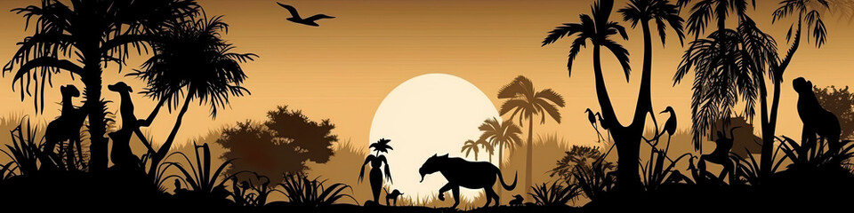 Wall Mural - Exotic jungle illustration panoramic banner featuring lush foliage and vibrant wildlife, AI generative