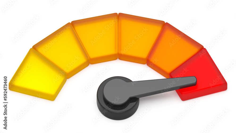 3d Speedometer icon infographic, arrow point scale speed high status red, Performance, pointer rating risk levels, meter, tachometer on isolated white background - 3d illustration