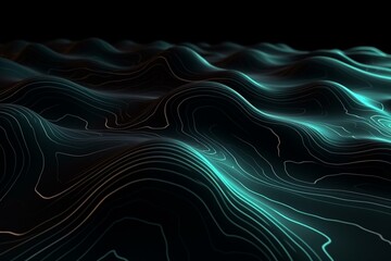 Black Liquid Background with Ripples. Futuristic Texture with Neon Highlights. Generative AI