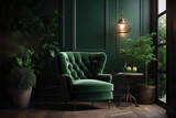 Fototapeta Uliczki - Dark green wall background with a cozy green armchair in living room, Generative AI	