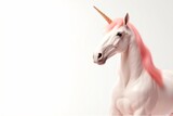 Fototapeta  - Fantasy unicorn with pink mane and gold horn, white background (generative ai)