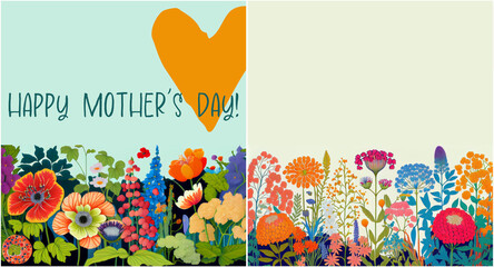 Wall Mural - Set of Mother's Day card and template. Floral colourful banner. Foliage ornament. Exotic plants and flowers square frame background, illustration, card, post. Generative AI graphic design.