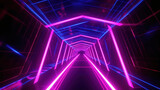 Fototapeta Przestrzenne - , ultraviolet neon star shape, glowing lines, portal, tunnel, virtual reality, abstract fashion background, violet neon lights, arch, pink blue spectrum vibrant colors, laser show
