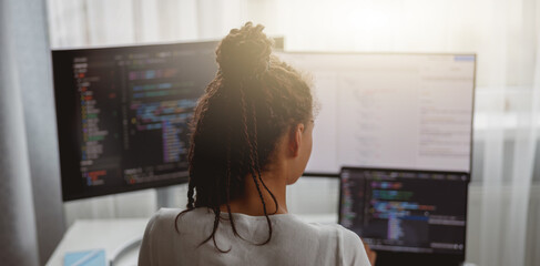 Wall Mural - professional female programmer working on new project on computer at home, back view