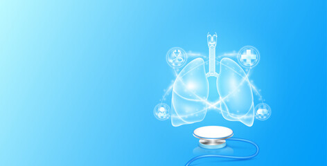 Wall Mural - Medical health care. Human lung anatomy float on stethoscope with medical icons radius ring surrounds. Internal organs translucent white and copy space for text. 3D Vector EPS10.