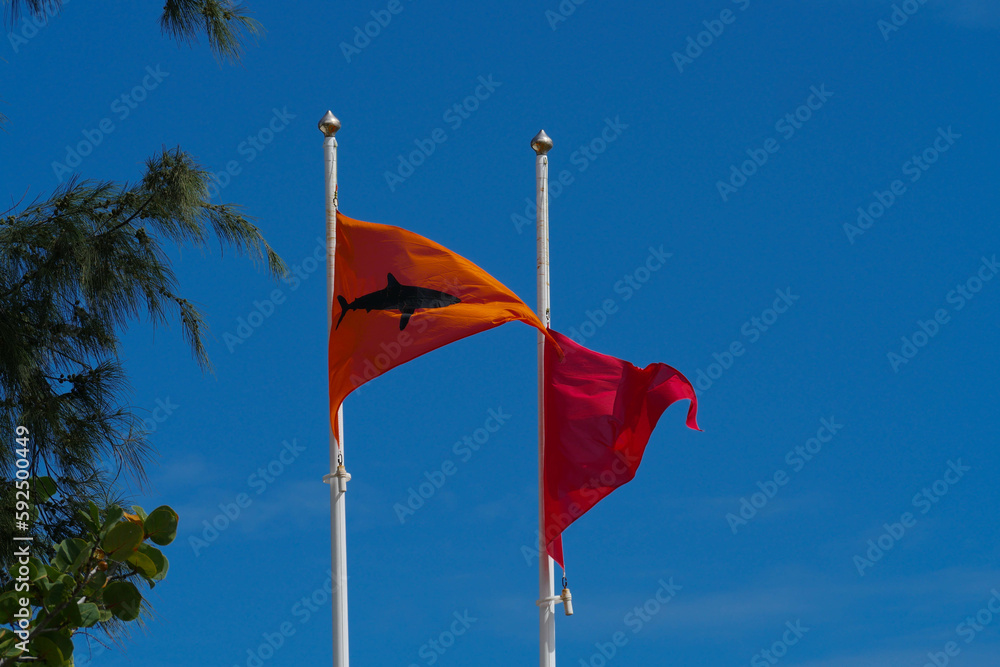 Drapeau de plage, rouge et orange avec symbole danger requin. Stock — free download