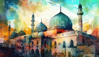 Wall Mural - water color painting Arabic Islamic Typography design Mawlid al-Nabawai al-Sharif greeting card with dome and minaret of the Prophet's Mosque. Generative Ai