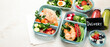 © bit24 - Different types healthy meals in containers, Takeout food menu, top view, copy space