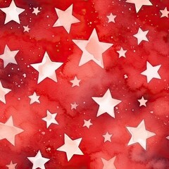 Sticker - Watercolor stars seamless pattern. Hand-drawn white stars on red background design. Abstract Seamless Pattern. Grunge Background. Generative Ai