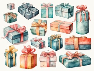 Wall Mural - Gift boxes collection. Hand drawn watercolor gift box set isolated on white background with design elements. generative ai