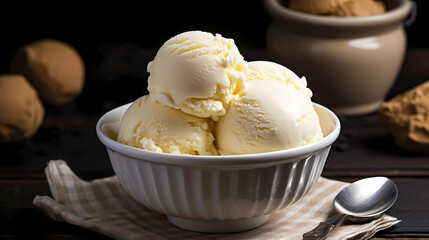 Bowl with tasty vanilla ice cream on table against dark background. Generated by artificial intelligence