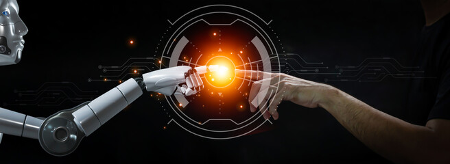 Robots touching human and future technology, artificial intelligence (AI) concept for internet network technology and digital software development, metaverse algorithm,3d rendering