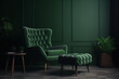 © Jhati - two chairs and table Green armchair with footrest in living room on dark green wall background,  Generative AI