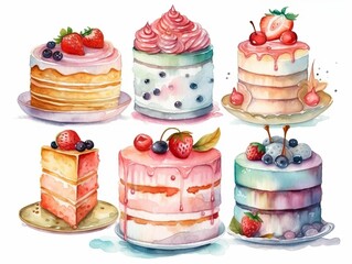 Wall Mural - Cake and dessert pie collection. Hand drawn watercolor cake for birthday anniversary, valentine's day and wedding set isolated on white background with design elements. generative ai